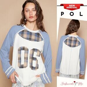 POL Vintage Round Neck Raglan Sleeves Plaid Print Number Patch T-Shirt | Lt Blue